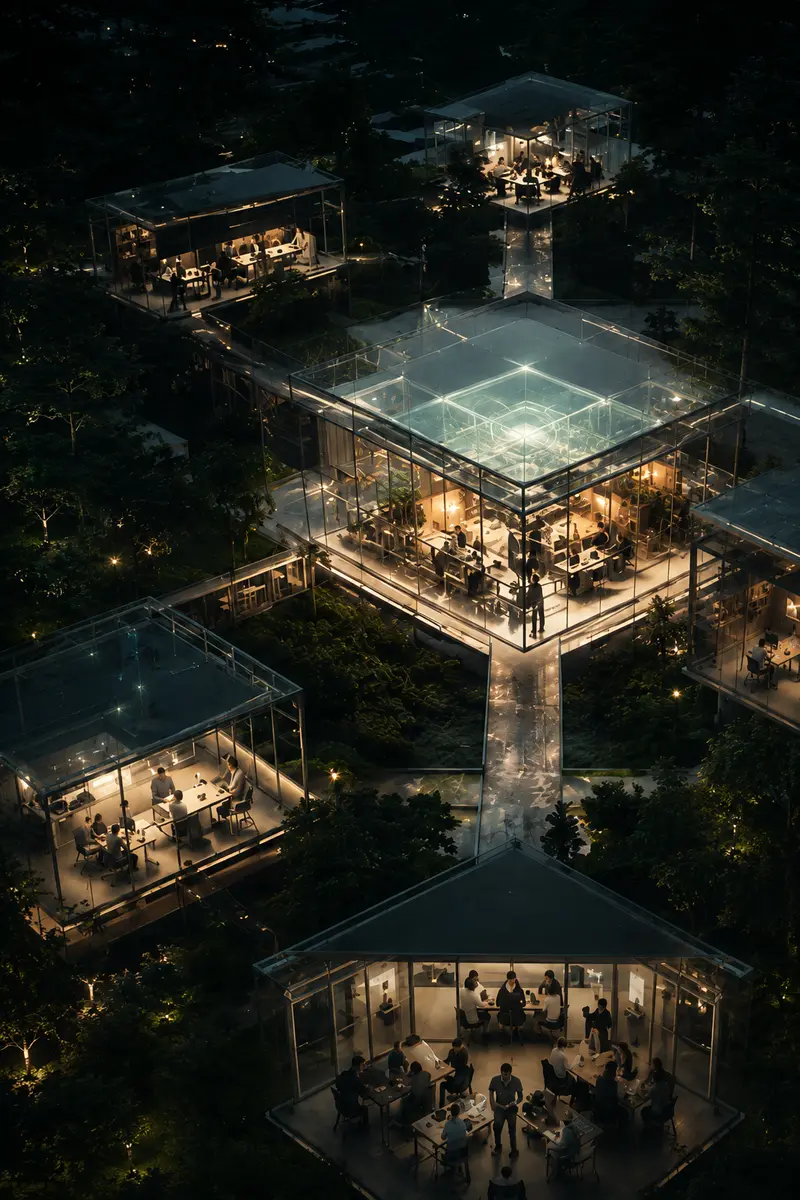 Interconnected glass workspaces where teams build and operate within a forest.