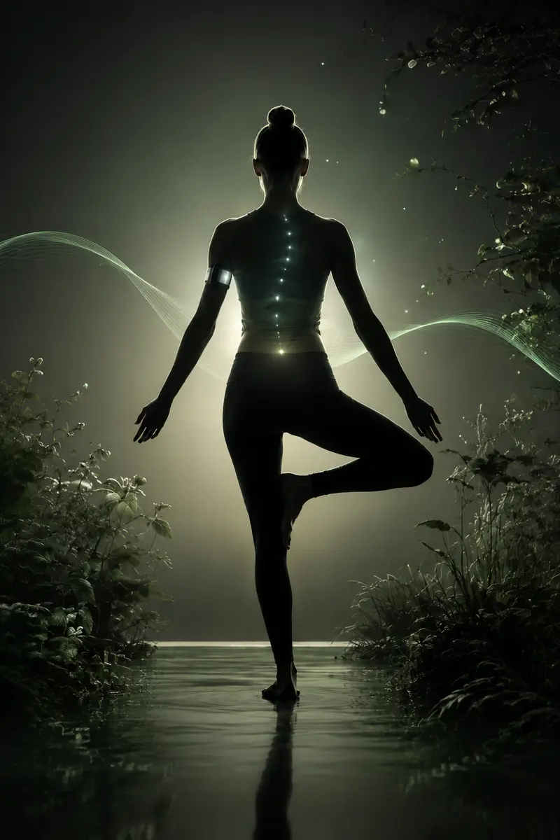 A person holding a balanced pose amid nature and subtle biometric light.