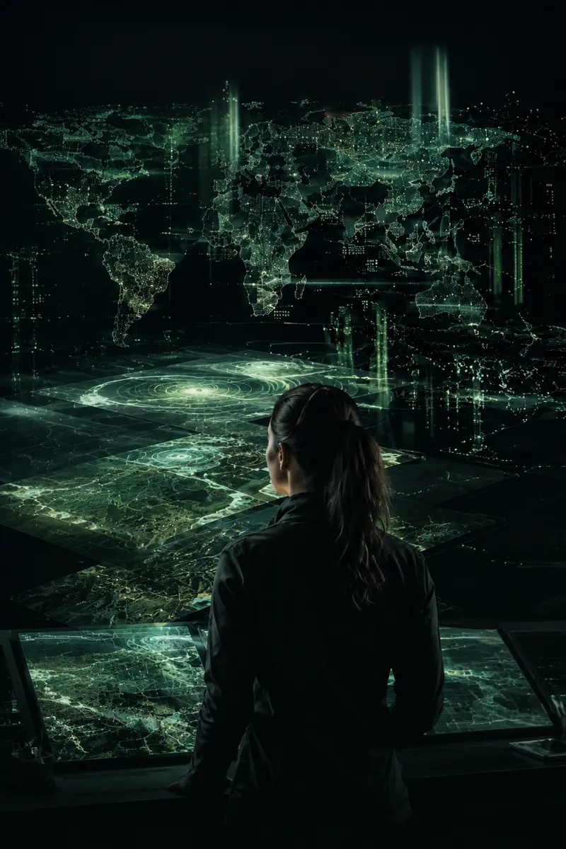 An analyst evaluating layered world maps and geospatial intelligence signals.