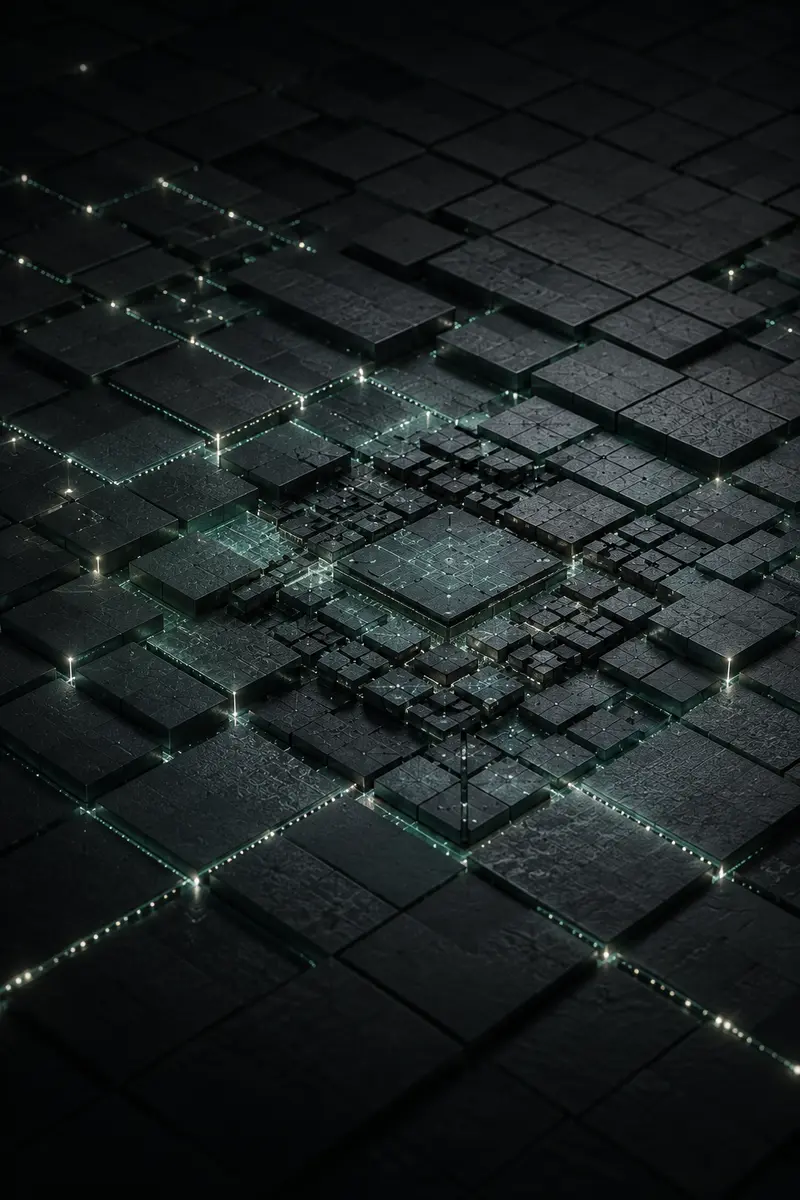 A modular field of specialized processors connected by pale photon-like paths.